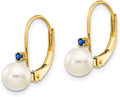 14K Yellow Gold White round Shape Freshwater Cultured Pearl Sapphire Leverback Earrings Fine Jewelry for Women Gifts for Her (5-5.5Mm)