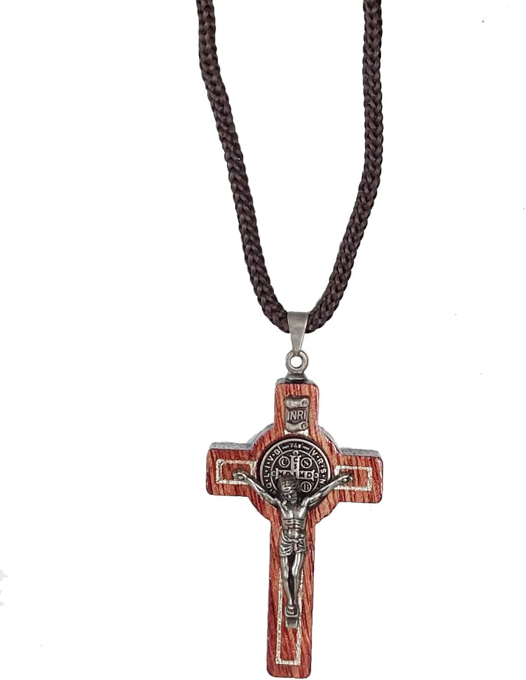 Saint Benedict Medal Wood Crucifix Pendant Cord Necklace. Religious Necklace for Men and Women. Made in Brazil