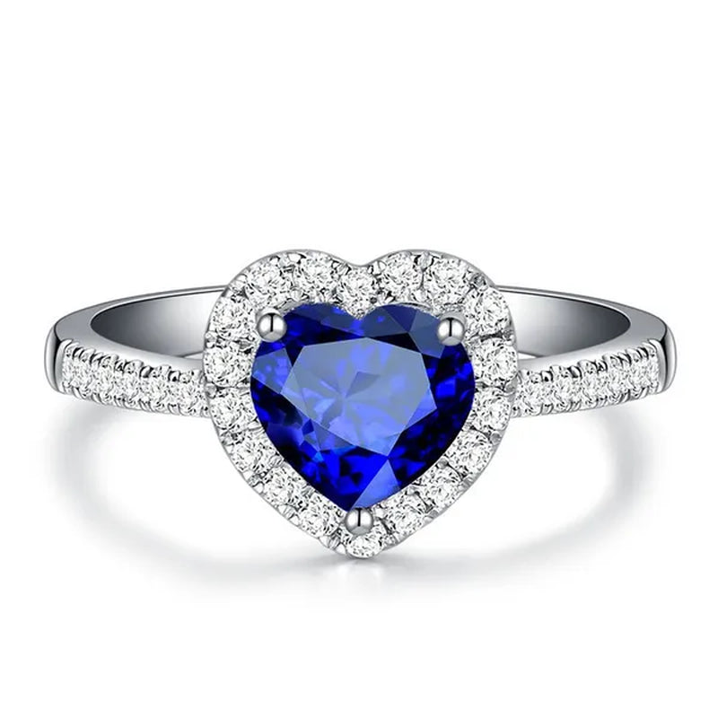 925 Sterling Silver Blue Sapphire Heart Promise Ring for Women Girl Size 5-10