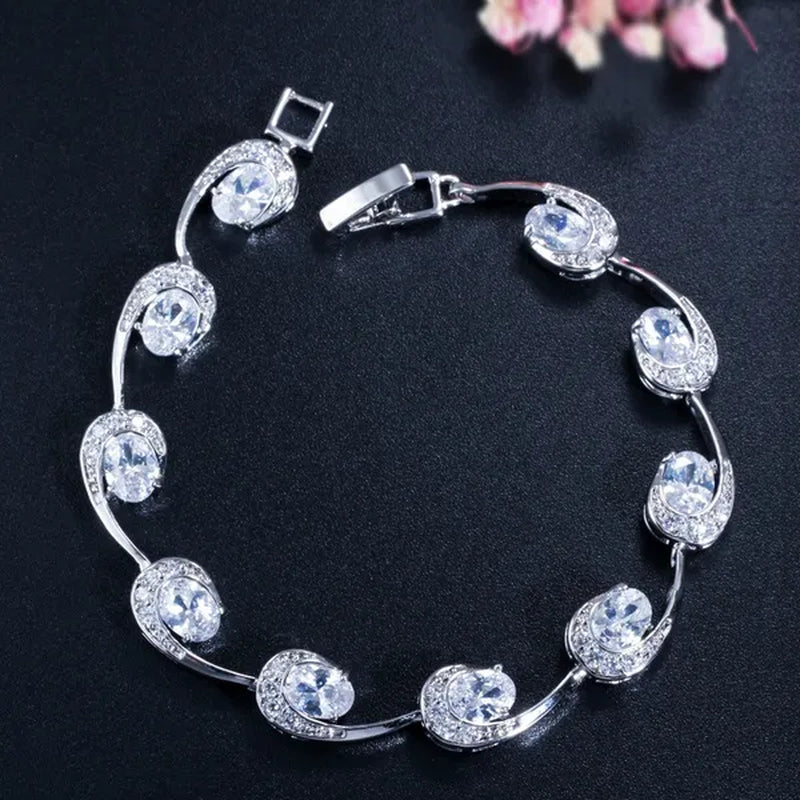 CANDICE Hot Sale Silver Hand Jewelry Classic Oval Red Crystal White Zircon Peacock Tennis Bracelet Bangle for Women Gift 18cm