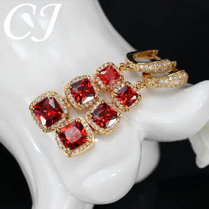 CANDICE Luxury Yellow Gold Plated Drop Earrings Jewelry Square Red Cubic Zircon Stones Long Earring for Women