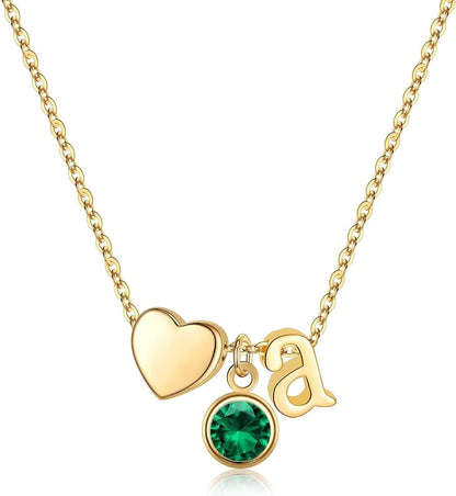 Initial Birthstone Necklace for Girls Women, 14K Gold Plated Heart Initial Necklace Birthstone Necklace Heart Initial Birthstone Pendant Necklace Birthstone Necklace Jewelry Gifts for Teens Girls