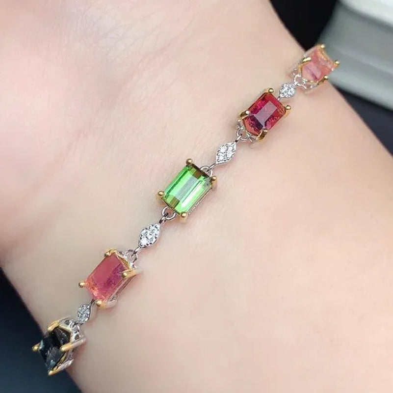 Fashion Jewelry 925 Sterling Silver Diamond Cut Colorful Rainbow Ruby Emerald Olivine Topaz Bracelets