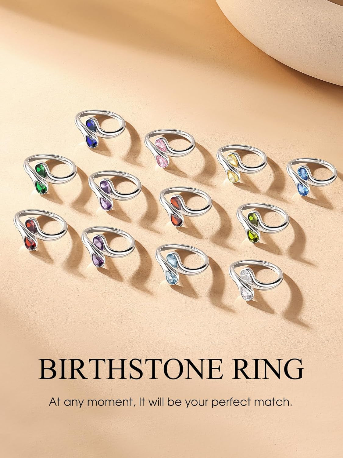 Silver Birthstone Ring for Women, Dainty Sterling Silver Teardrop Ring Open Adjustable Band Ring, Love Statement TOI Et Moi Ring Promise Ring for Her