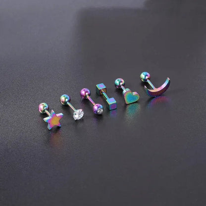 6 Pairs 5 Colors Stainless Steel Tiny Stud Earrings for Women Girls Heart Moon Star Crystal CZ Earrings Cartilage Helix Ear Piercing Set
