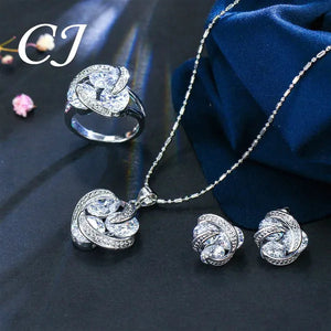 CANDICE Korean Fashion Sterling Silver Plated Women Elegant Pendant Necklace Earrings and Ring Sets Inlay Pure AAA Cubic Zirconia Knot Jewelry Set for Lady（US 6-9)