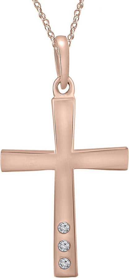 Collection 925 Sterling Silver round Cut Real White Diamond 3-Stone Religious Cross Pendant Necklace with 18" Chain | H-I Color, I1-I2 Clarity, 0.03 Cttw