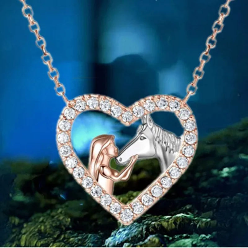 Exquisite Fashion Women's Creative Girl and Horse Necklace Heart Diamond Pendant Necklace Women's Animal Jewelry Accessories Birthday Anniversary Gift