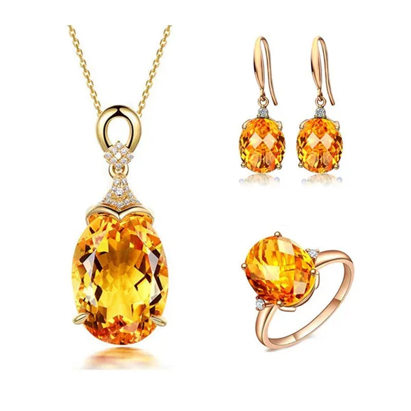 4pcs/set Luxury Yellow Crystal Water Droplets Pendant Necklace Gemstone Dangle Hook Earrings Citrine Claw Setting Open Adjustable Ring for Women Gifs Jewelry Set Accessories