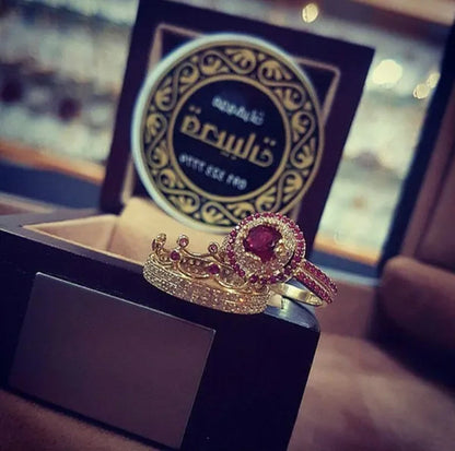 2Pcs/Set Elegant Noble Princess Fashion Art Jewelry Set Exquisite Crown Jewelry Ring Anniversary Gift Engagement Bride Wedding Ring Luxury Brand Jewelry Size US4-12 Bague Femme