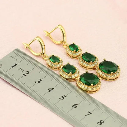 Flawless Long Gold Color Women Jewelry Sets Green Zircon Drop Earrings Necklace Pendant Rings Oval Bracelet Dating Gift