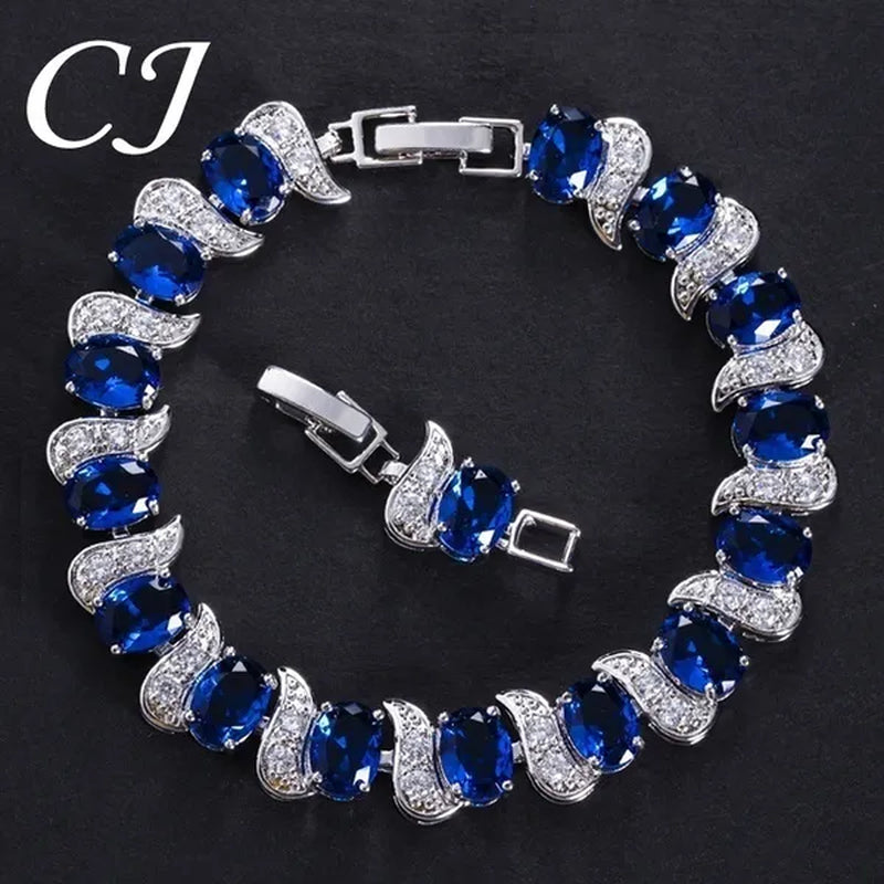 CANDICE 2023 Newest Design Women Luxury CZ Zirconia Silver Bracelets With Blue Stones 18CM+2.5CM（extended clasp）