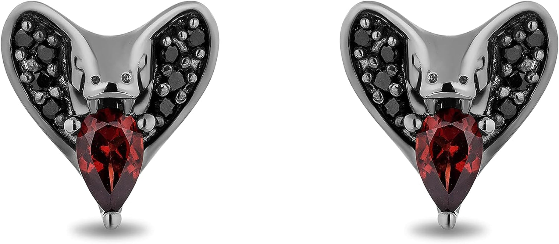 Enchanted Disney Fine Jewelry Black Rhodium over Sterling Silver 5X3 MM Pear Red Garnet and 1/8 Cttw Treated Black round Diamond Jafar Stud Earrings