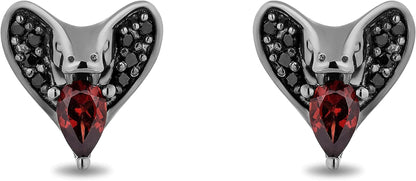 Enchanted Disney Fine Jewelry Black Rhodium over Sterling Silver 5X3 MM Pear Red Garnet and 1/8 Cttw Treated Black round Diamond Jafar Stud Earrings