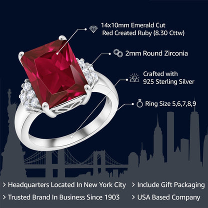 5-10 Cttw Gemstone Birthstone Engagement Ring for Women | 14X10MM Emerald Cut | 925 Sterling Silver | Wedding Anniversary Promise Ring | Available in Size 5, 6, 7, 8, 9