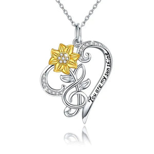 Sunflower Necklace 925 Sterling Silver - You are My Sunshine Sunflower CZ Heart Pendant Necklace Infinity Musical Note Flower Jewelry Gift for Women Lover Friends