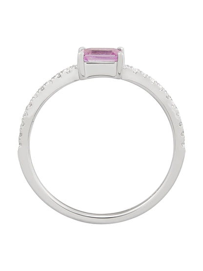 Women'S  Natural Emerald-Cut Pink Sapphire Ring with 1/10 Ct Diamonds in 14Kt Gold