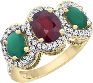 10K Yellow Gold Natural Quality Ruby & Cabochon Emerald 3-Stone Mothers Ring Oval Diamond Accent,Sz5-10