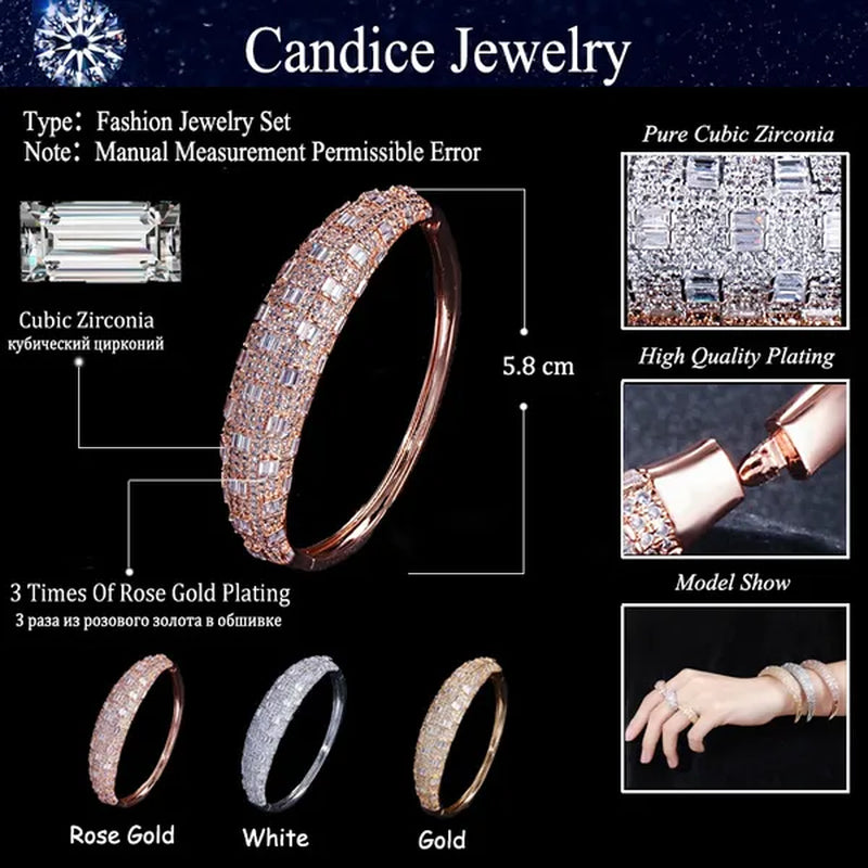CANDICE Exclusive Design Rose Gold Plated Dubai Wedding Wide Bangle Ring Set Full Hand-inlaid Cubic Zirconia African Bridal Open Cuff Bracelet Jewelry Sets for Women Prom Party