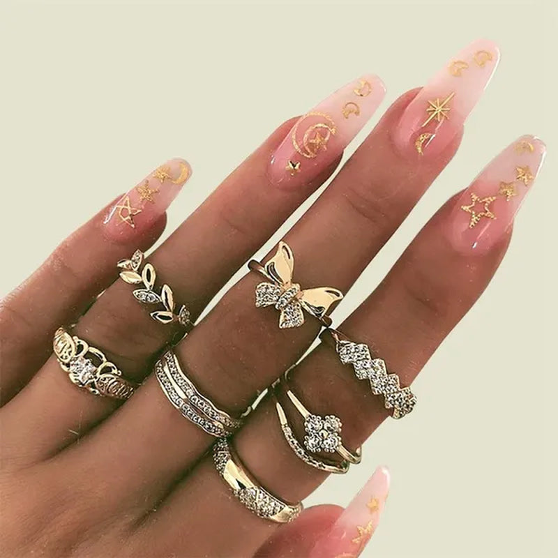 New 60Pcs Womens Rings Silver Gold Plated Rhinestone Vintage Jewelry Bohemian Style Finger Joint Ring Party Favor Gifts