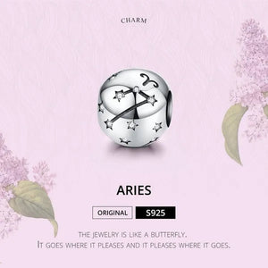 European Hot 12 Constellation Zodiac Round 925 Sterling Silver Beads Charm for Women Bracelet  Shining CZ Charm Fit Original Bangle Necklace DIY Jewelry Making