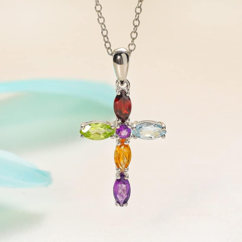 Womens Cross Pendant Necklace 925 Sterling Silver Natural Amethyst Peridot Turquoise Religious Necklace Jewelry