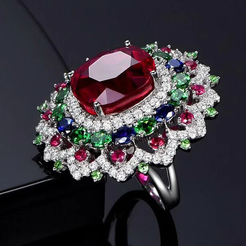 Luxurious  Silver Natural Gemstones Ruby And Emerald and Sapphire White Sapphire Wedding Birthstone Bride Engagement Flower Ring Jewelry Size 6 7 8 9 10
