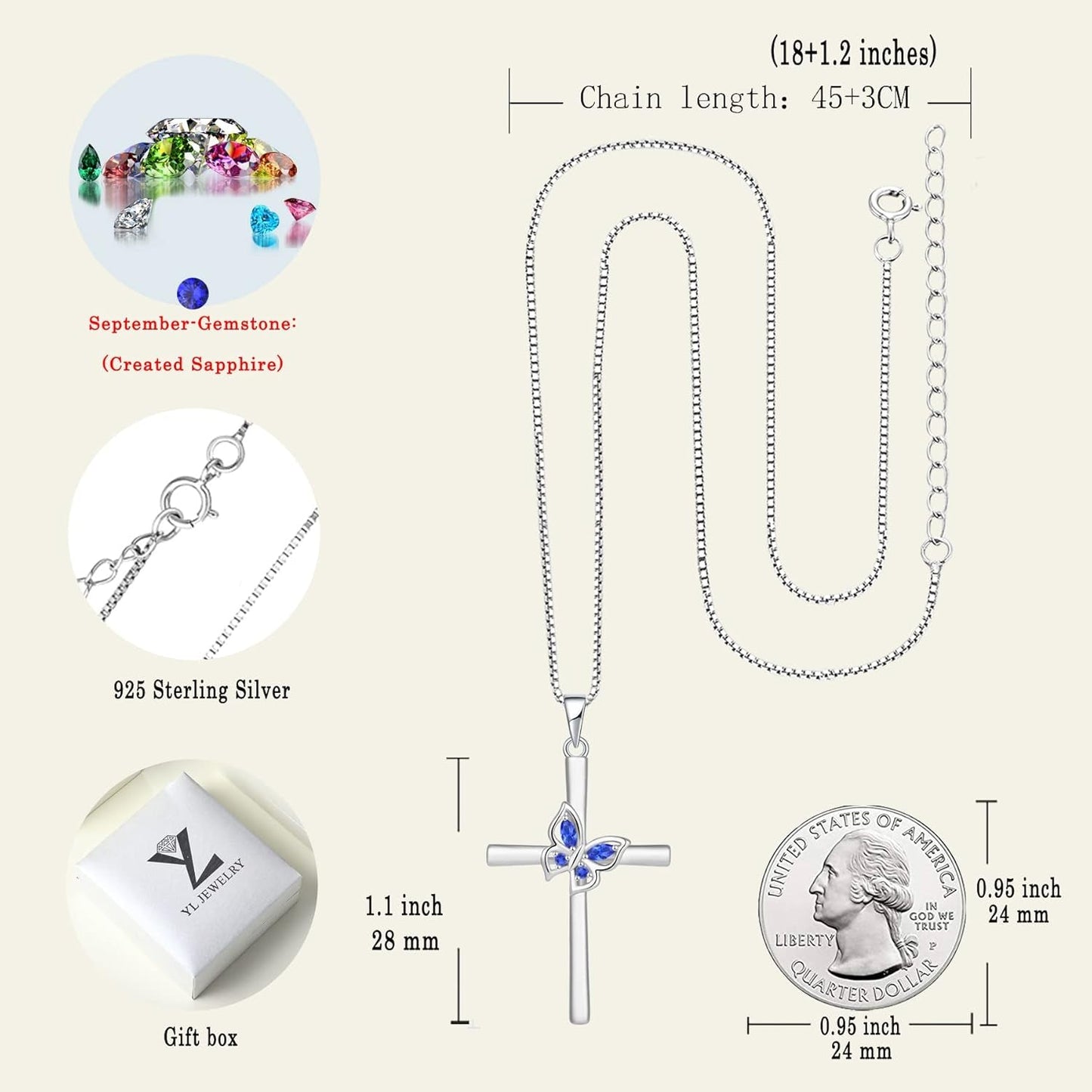 Butterfly Cross Necklace Sterling Silver Crucifix Pendant Gemstones Criss Jewelry for Women