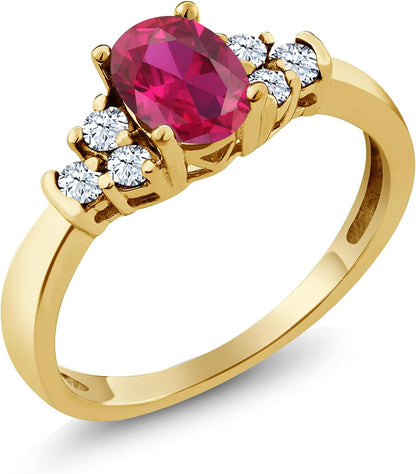 18K Yellow Gold Plated Silver Red Created Ruby and White Topaz Women Ring (0.74 Ct Oval, Available in Size 5, 6, 7, 8, 9)