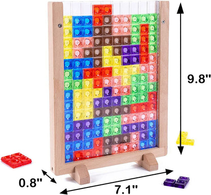 Wooden Blocks Puzzle Brain Teasers Toy, Intelligent Colorful 3D Plastic Blocks Game with Vertical Wood Frame Game Board, Tangram Educational Montessori Toys Gift for Kids Age 4-8 Years Old