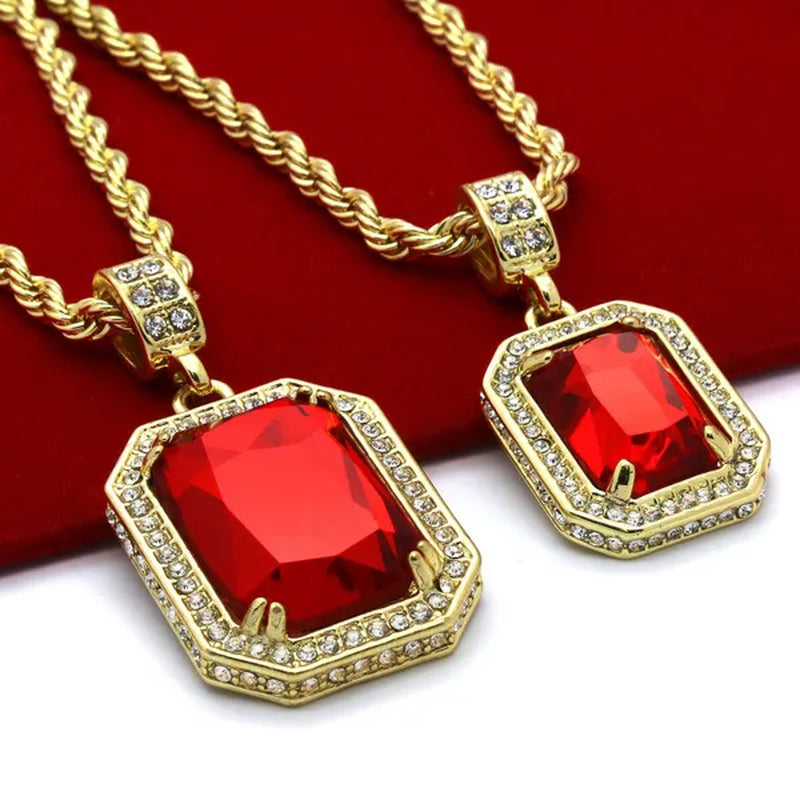Men's 14k Gold Plated High Fashion 2 square Simulated Ruby Pendant  4mm 30" & 24" Rope chains Necklace