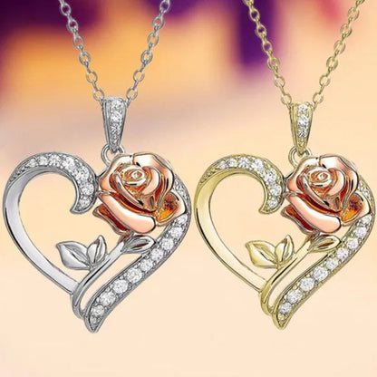 Exquisite Fashion Heart Rose Zircon Necklace Couple Heart Pendant Engagement Necklaces for Women Rose Jewelry Wedding Accessories Birthday Party Anniversary Gift