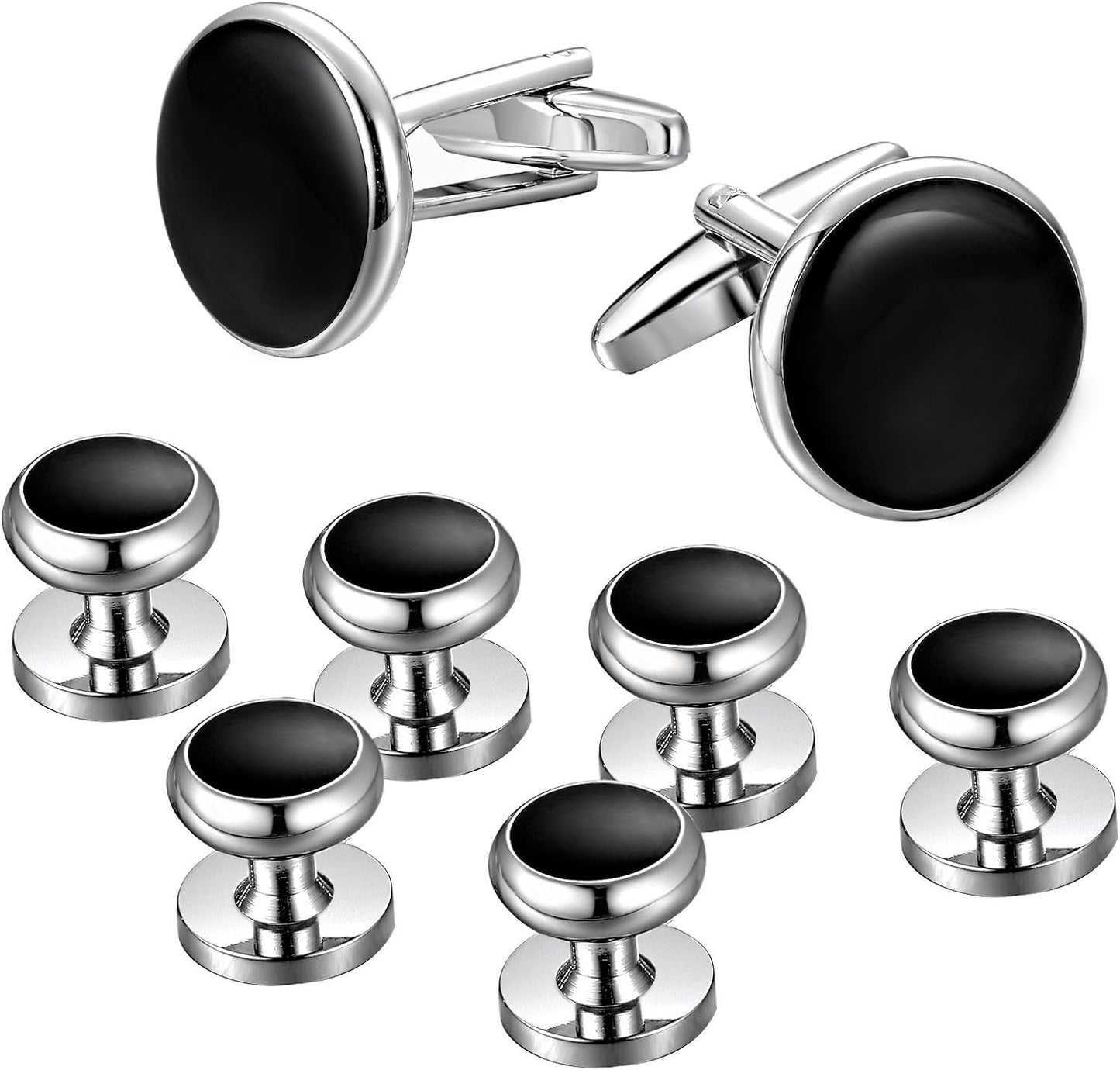 Mens Cufflinks and Studs Set Tuxedo Shirts Classic Black&Silver Match for Business Wedding Formal Suit