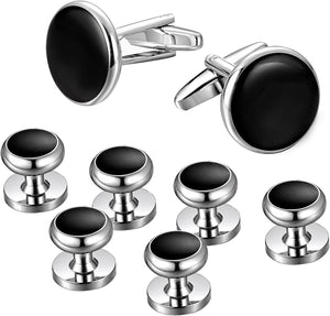 Mens Cufflinks and Studs Set Tuxedo Shirts Classic Black&Silver Match for Business Wedding Formal Suit