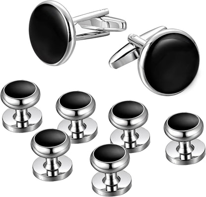 Mens Cufflinks and Studs Set Tuxedo Shirts Classic Black&Silver Match for Business Wedding Formal Suit