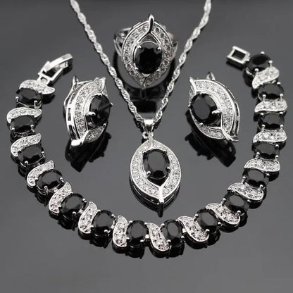 925 Sliver Jewelry Sets Black Zircon White Topaz Necklace Pendant Hoop Earring Ring Bracelet For Women  Dating Gift