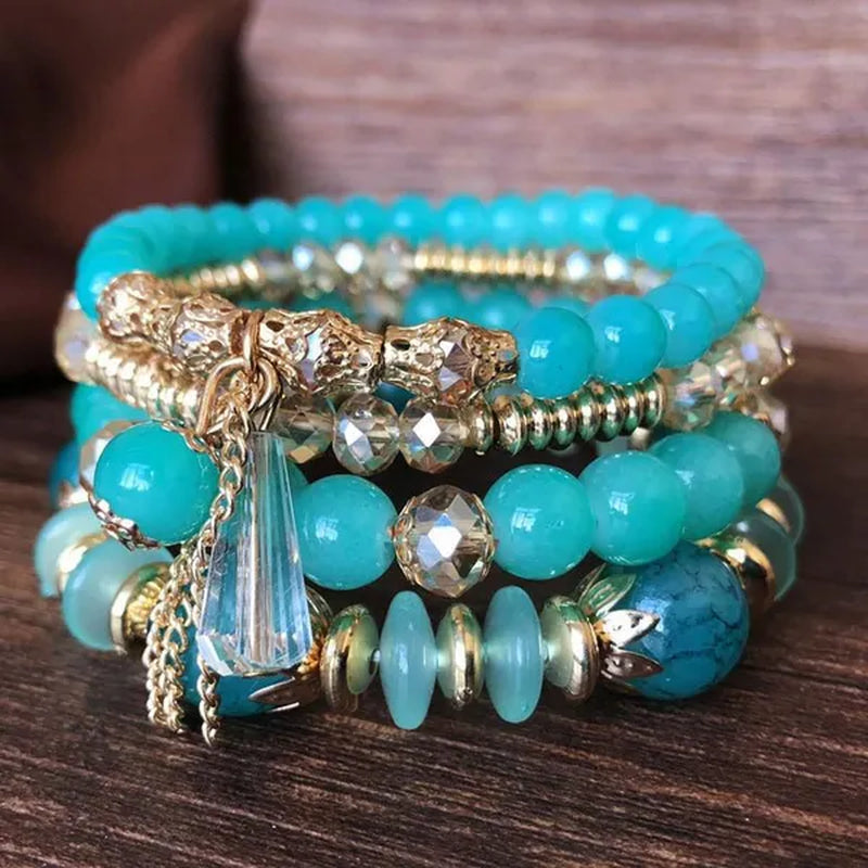 Women'S Bohemian Creative Beaded Crystal Bracelet 4 Pack Multi-Layer Beaded Fashion Bracelet
