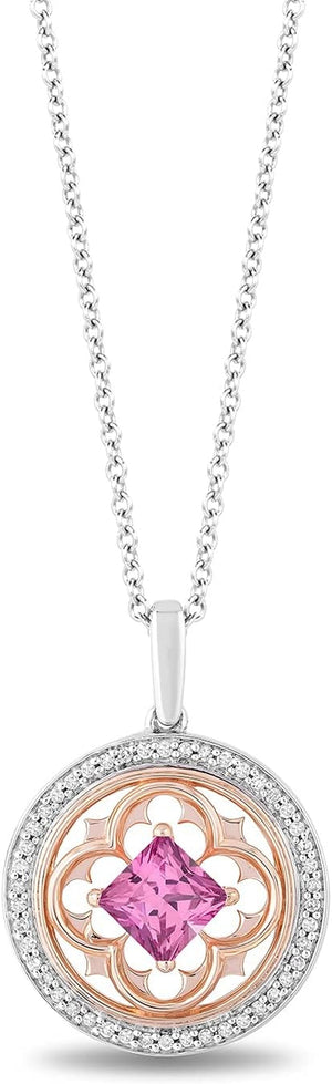 Enchanted Disney Fine Jewelry 14K Rose Gold over Sterling Silver 5.5 MM Square Created Pink Sapphire and 1/5 CTTW Natural White round Diamond Aurora Pendant Necklace