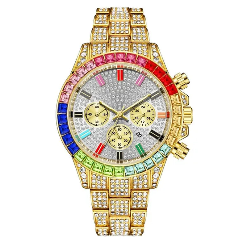 Men Watch Luxury Brand Mens Gold Men Watch Quartz Clock Chronograph Colorful Diamond Steel Iced Out Watch Reloj Hombre