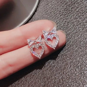 New Trendy Love Heart Bow Stud Earrings White Diamond Women Bridal Elegant Jewelry Elegant Earrings