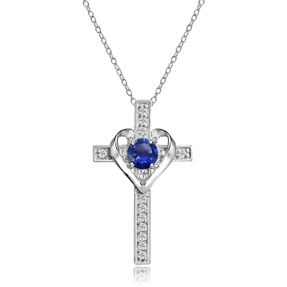 Sterling Silver Created Blue Sapphire and White Topaz Heart Cross Birthstone Pendant Necklace