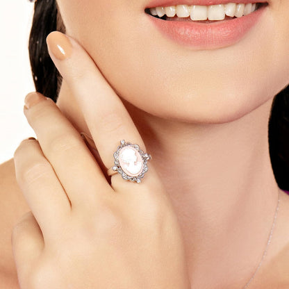 Pink or Blue Agate Cameo Ring in Sterling Silver with round Created White Sapphire