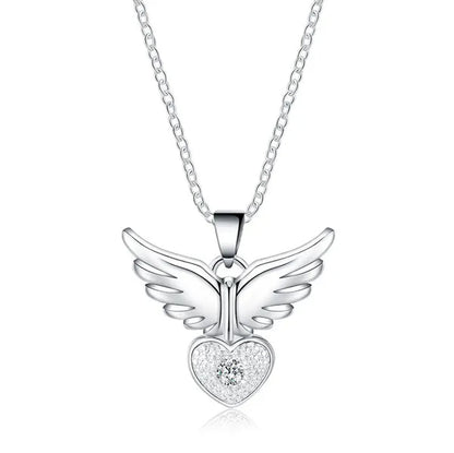 Pretty Women's 925 Sterling Silver Heart Shaped Angel Wings Pendant Diamonds Necklace(with Chain)