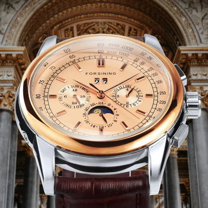 Forsining Moon Phase Shanghai Movement Rose Gold Case Brown Bracelet En Cuir Véritable Montres Pour Hommes Top Brand Luxury Auotmatic Watch with Gift Box