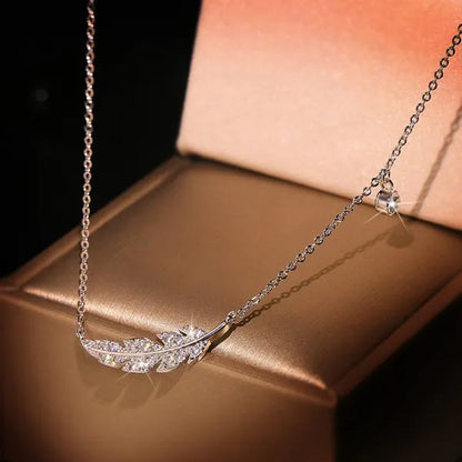 Bohemian Crystal Angel Feather Wing Pendant Necklace Party Jewelry 925 Sterling Silver Clavicle Necklace for Women 18inch Chain