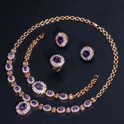 CANDICE Dubai Wedding 4 Pieces Set Elegant Red Zirconia Paved Yellow Gold Plated Engagement Party Ring Earrings Bracelet Necklace Sets for Women