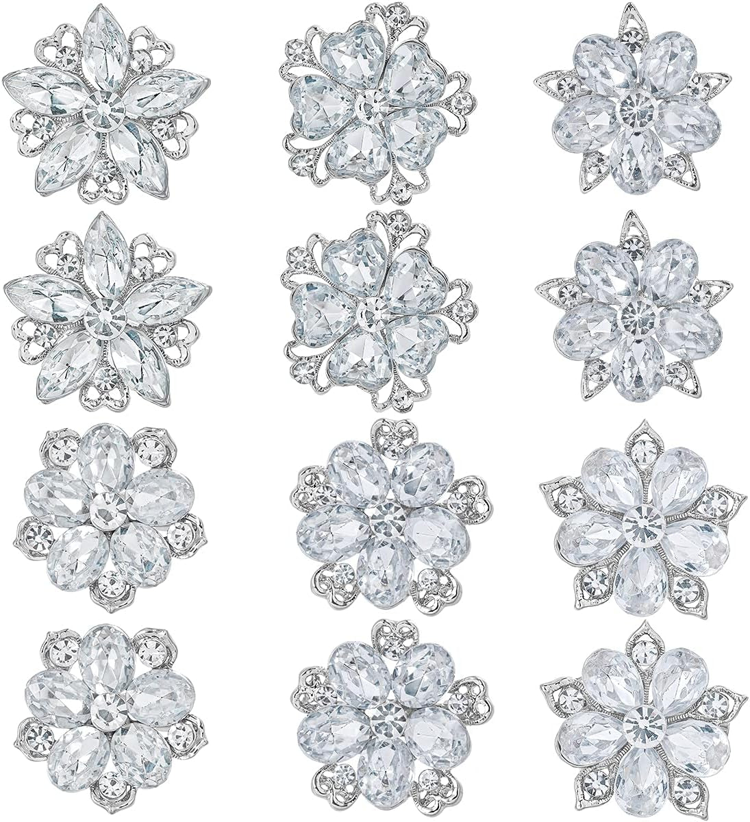 Lot 12Pcs Assorted Crystal Rhinestone Flower Brooch Pin Set for Women DIY Bridal Wedding Bouquet Kit