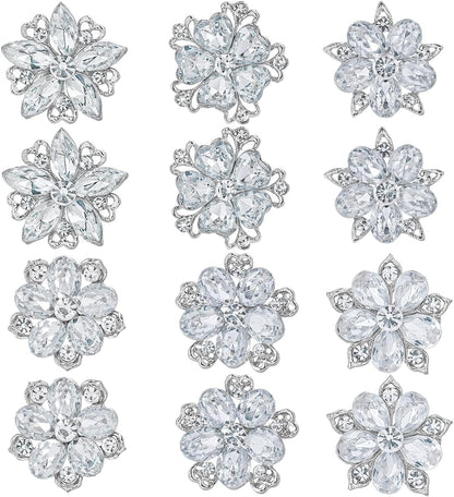 Lot 12Pcs Assorted Crystal Rhinestone Flower Brooch Pin Set for Women DIY Bridal Wedding Bouquet Kit