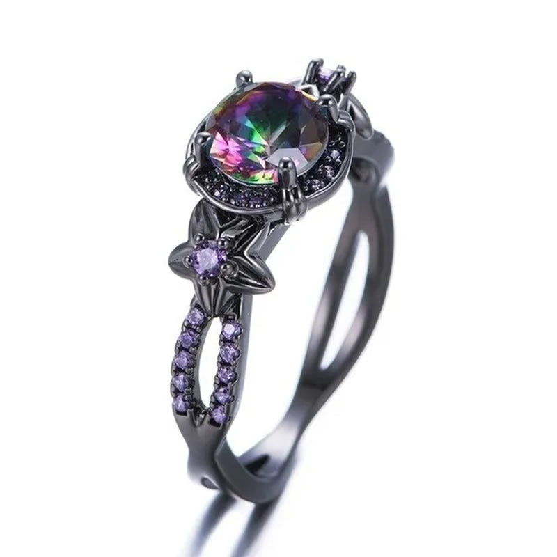 Bamas Mystic Rainbow Fire Topaz Flower Ring Purple Amethyst Black Gold color Jewelry Size 5-12 Bague Femme