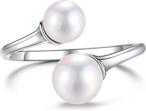 2 Pearl Ring Sterling Silver Double Pearls Rings for Women 925 Adjustable Open June Birthstone Rings for Teen Girls with Real round Genuine Freshwater Cultured Stackable